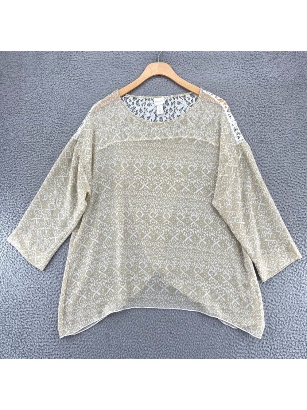 Chicos Top Womens 1 US Medium Woodblock Geo Lucinda Beige Lace Yoke 3/4 Sleeve
